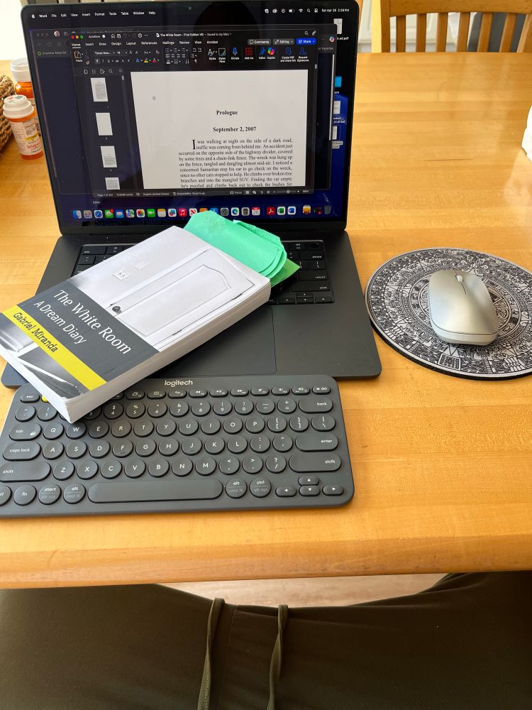 The self published book
“The White Room” sitting on a laptop and external keyboard with mouse to the right on a circular pad.