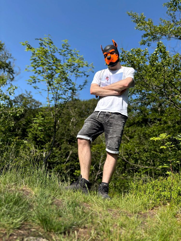 Photo of Malus standing in the forest in his orange pup hood. His arms are folded and he is looking at the viewer expectantly.