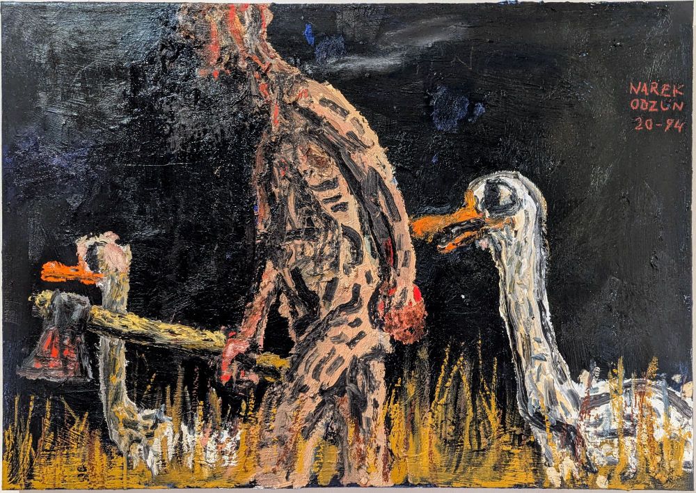 Expressives Gemälde mit einer Figur in einem dynamischen Stil. Die Figur, möglicherweise menschlich, steht zwischen zwei weißen Gänsen mit einer Axt in der Hand. Es ist eine dunkle, nächtliche Szene mit intensiven Kontrasten aus Schwarz, Weiß und Rot, die das Bild dominieren.