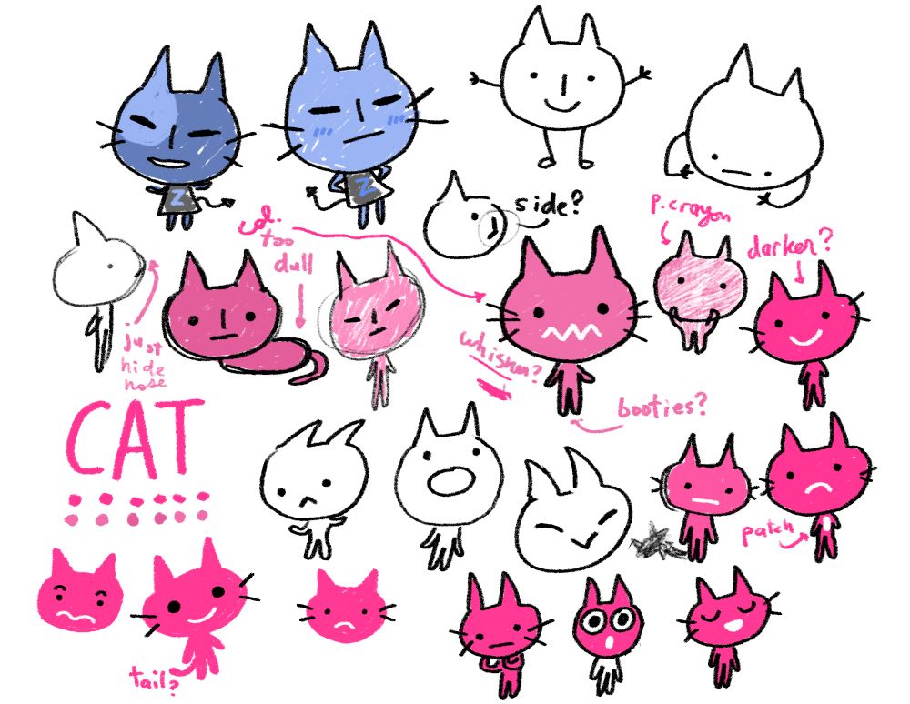 Various doodles of a cartoon cat