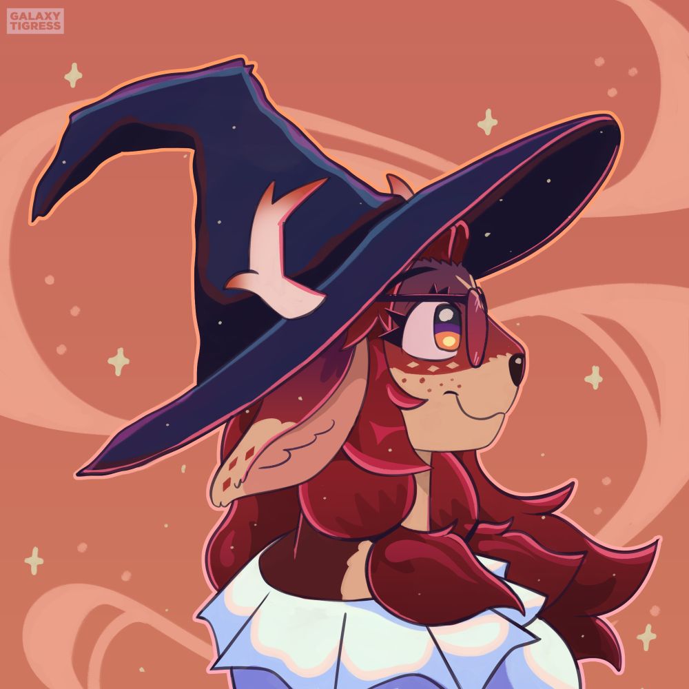 Lilianne, wearing a witch hat, side profile, being. A sweetie in a witch hat
