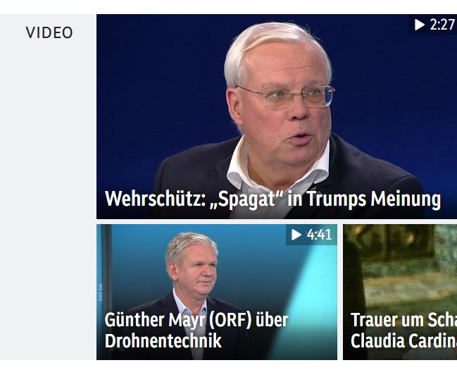 Ausschnitt der ORF.at Webiste. 2 Beiträge. Wehrschütz: "Spagat" in Trumps Meinung sowie Günther Mayr (ORF) über Drohnentechnik