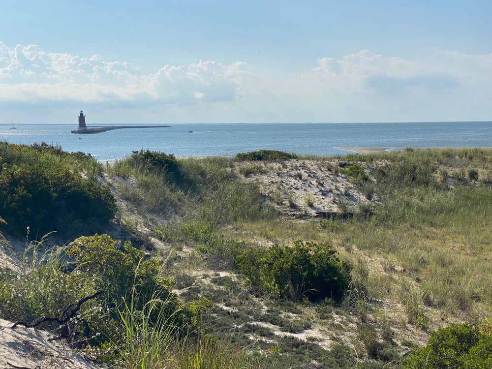 View of the dunes and the water - Harbor Refuge Lighthouse is small in the distance on the left