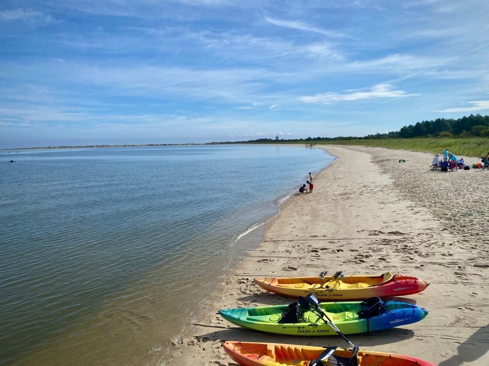  A peaceful beach scene under a clear blue sky. Brightly colored kayaks—red, yellow, and orange—rest on the sandy shore in the foreground. In the distance, people gather near a grassy area and play by the water’s edge. The shoreline curves gently, bordered by lush greenery, evoking a relaxed, summery vibe.
