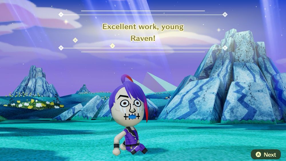 My Mii with a wide-eyed look on their face. The text above them reads “Excellent work, young Raven!”