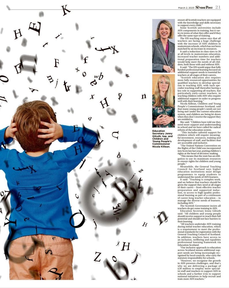 Second image of the Sunday Post article. 

In it parents, teacher unions and the children and young people’s commissioner advocate for more funding, resources and training.