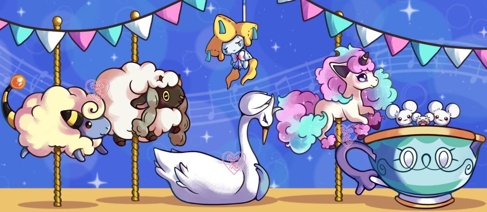 A Fanart of a pokemon carousel with Mareep Wooloo, Swanna, Jirachi, Galarian Ponyta, Sinistea and Maushold