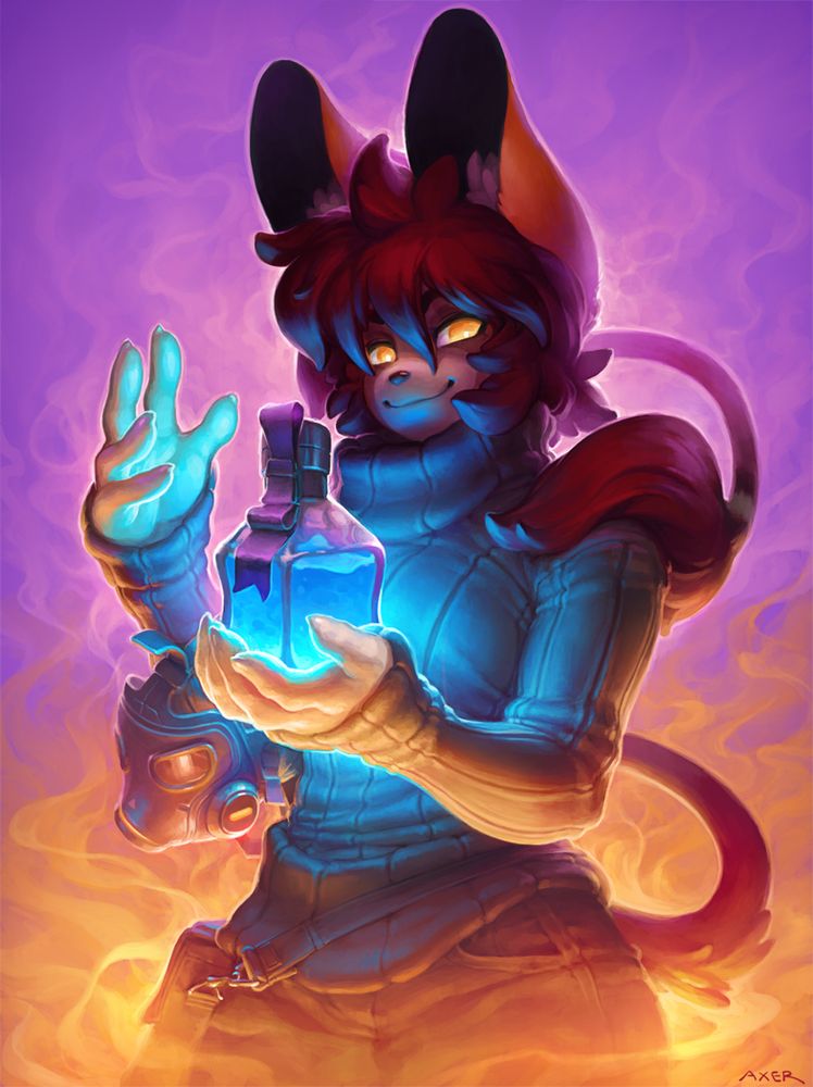 kami stands amidst orange smoke holding a large blue potion in their left hand. their eyes glow yellow as they look at the viewer, their tail snaking behind them. a gas mask is hanging from their right arm and they have on a turtleneck sweater. This is in a painterly style.