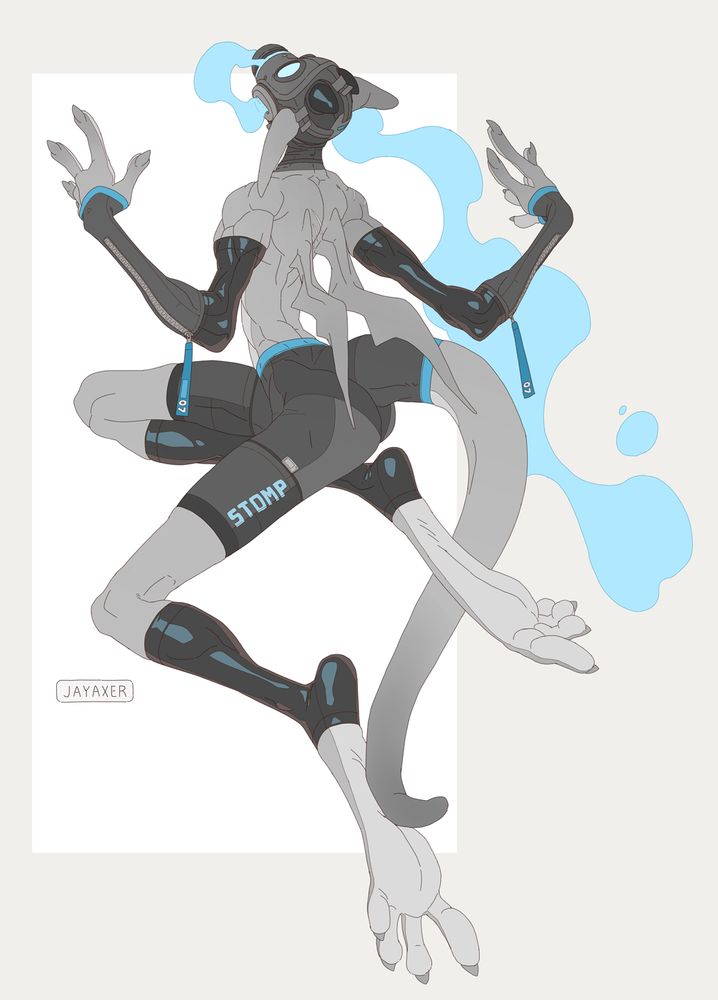 a very lanky and skinny axer floats with wafting blue vapor exiting his gas mask. he wears rubber legging and arm sleeves and tight fitting shorts. there are arm coverings with large zippers on them.