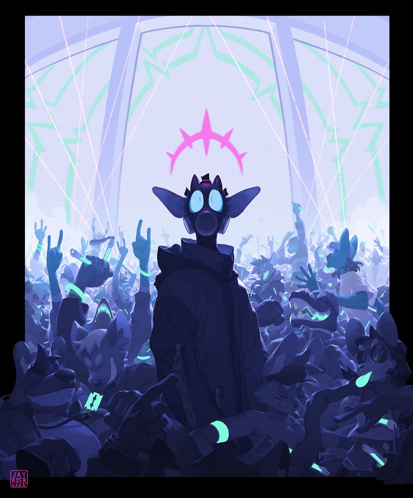 axer stands tall and still in a gas mask and coat amongst people dancing at a rave. His eyes glow blue from his gas mask and a purple alert symbol is above his head.Everything is tones blue with glowing items in a shock teal colour. Large screens line the wall behind them as laser beams dance in the air. There's probly some really cool music playing; you decide what music, ok? That way it's REALLY cool.