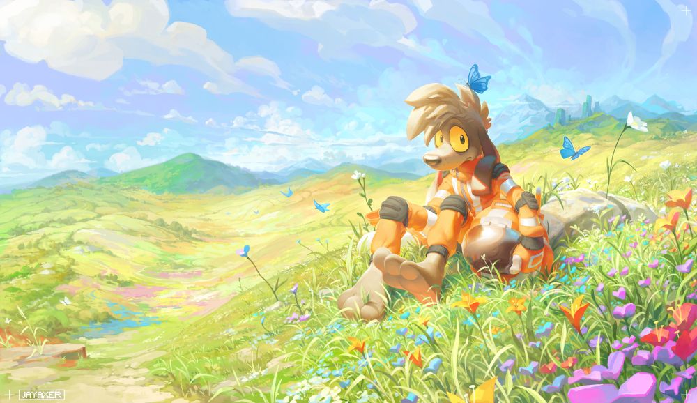 thom the space dog sits on a grassy hill in his REZQ space uniform with the boots off. he looks with uncertaintly to his left as a blue butterfly lands on his messy hair. The hills stretch out behind him, showing the green of the grass and the colours of the flowers in the bright sun. The blue sky is full of clouds.