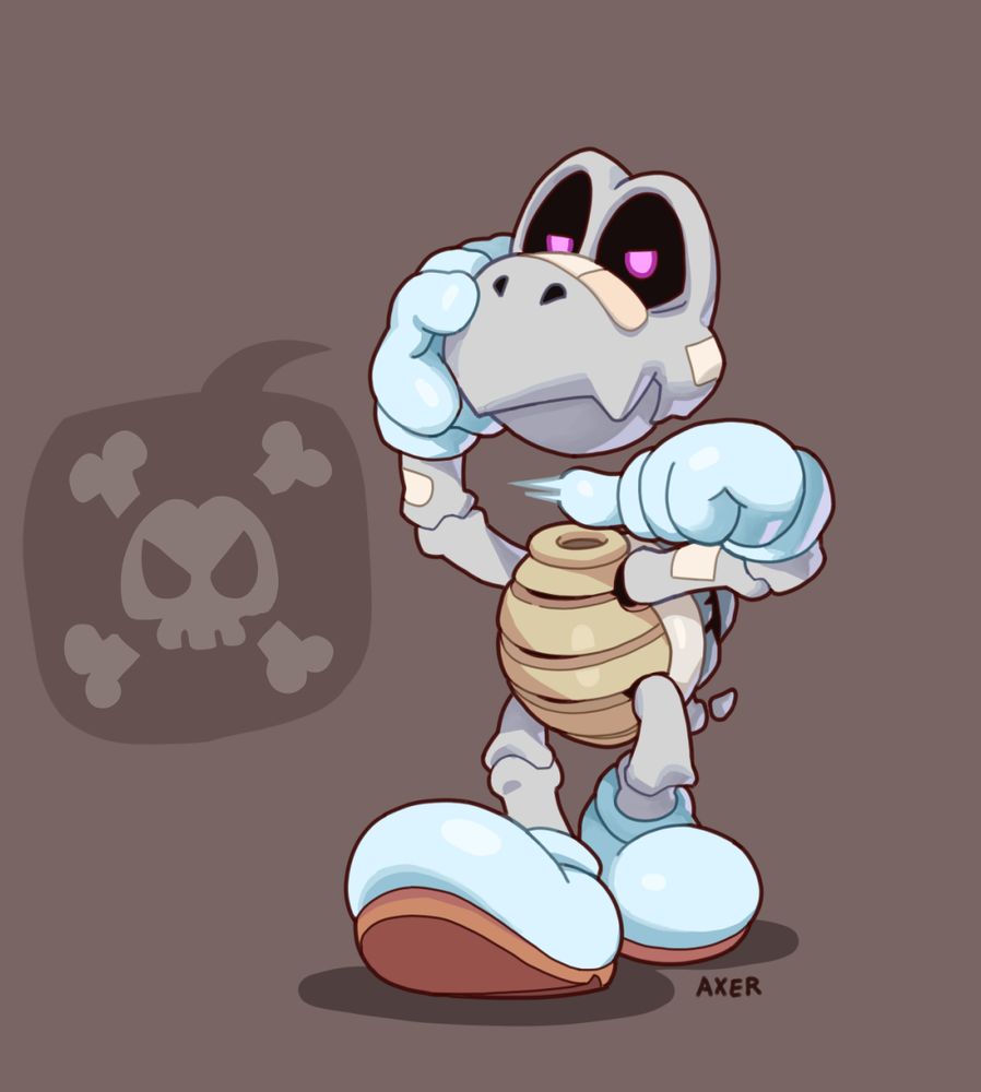 dry bones from super mario brothers walks towards the viewer holding its head off its body in the right hand and motioning its thumb of the left hand across where its throat would be. it is covered in band-aids and a skull and crossbones is in a speech bubble.