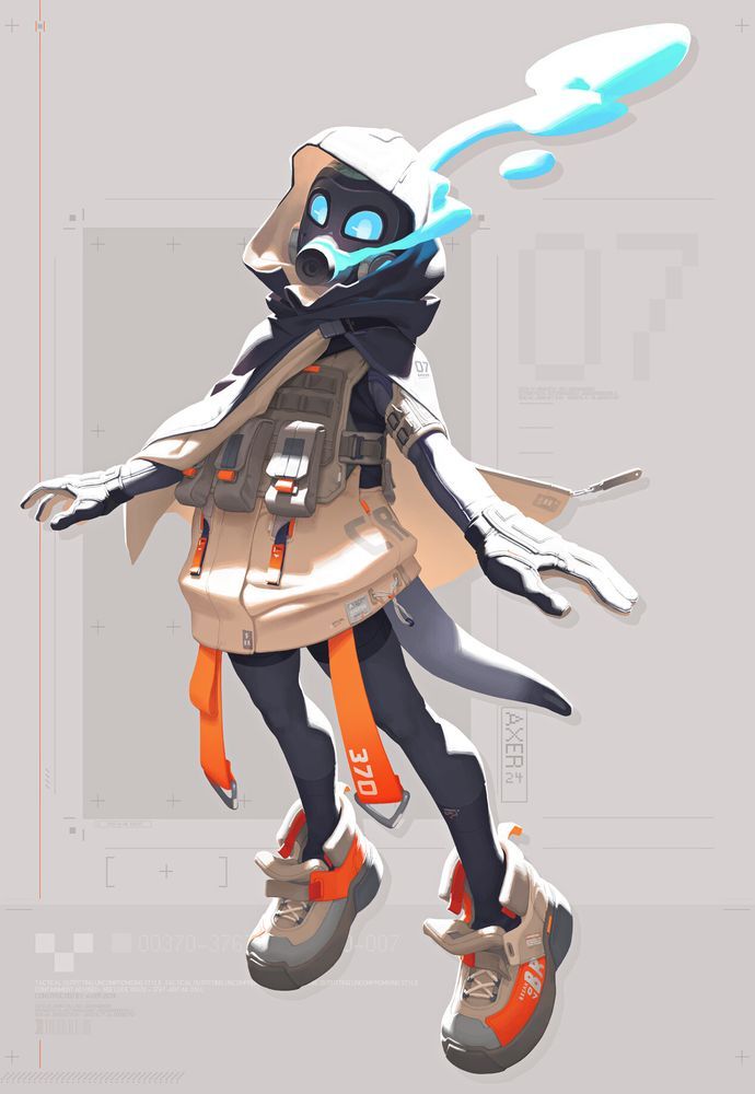 Axer floats on a warm gray backdrop wearing a tactical hoodie and leggings with large sneakers and gloves. Blue vapor emits from their gas masked face, the lenses showing pupils looking at the viewer.