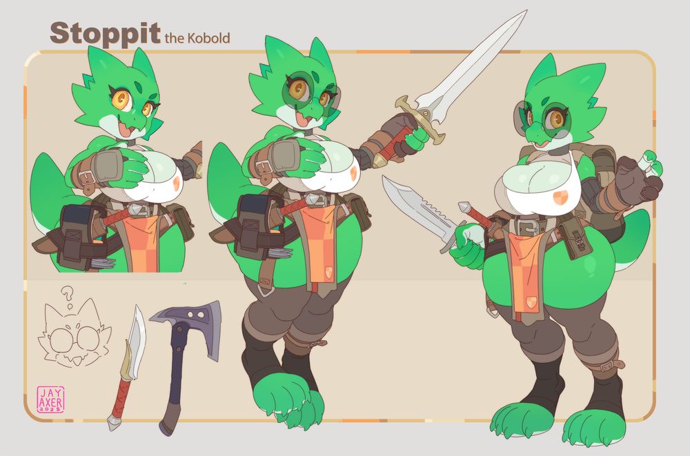 a right and left 3/4 shot of a short curvy green stylized kobold character dressed in browns, whites and orange tones. she has large round sunglasses and various weapons are features.