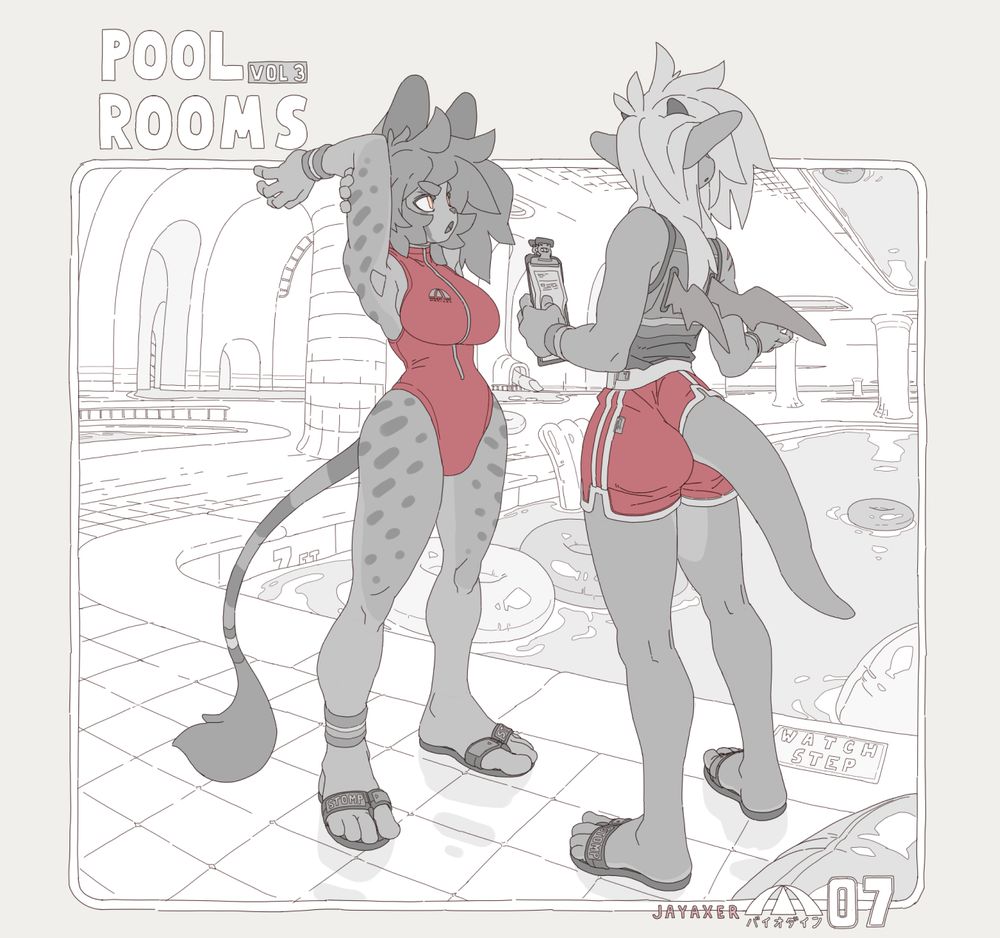 kami and axer stand in bathing suits talking about possible plans for a pool party in the pool rooms (always a good idea). The pool rooms stretch out to a distant horizon behind them, with unnatural placement of pools on ceilings and walls. The image is in grayscale, bordered with text reading "pool rooms vol. 3" at the top left.