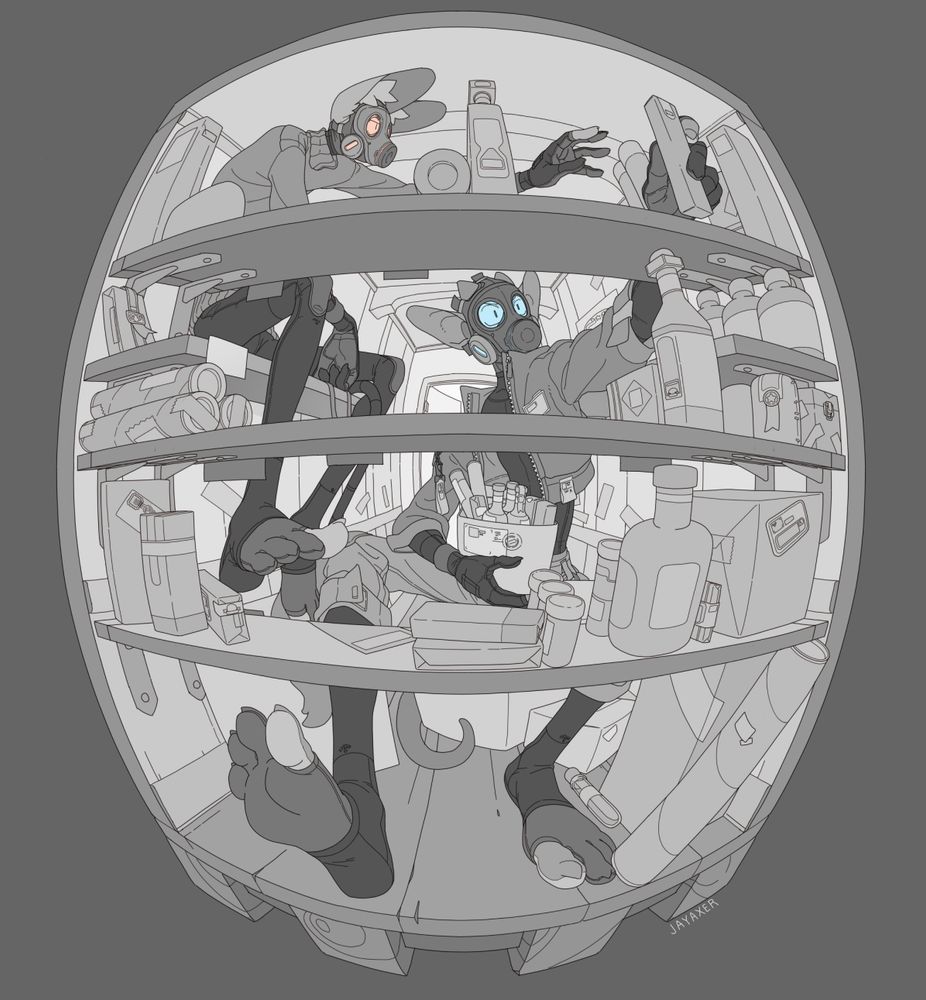 lanky versions of kami and axer stock the shelves of a storage closet in their alchemy shop. the view is from behind the wall and through the shelves in a fisheye perspective. The image is grayscale with exception of the colored lenses.