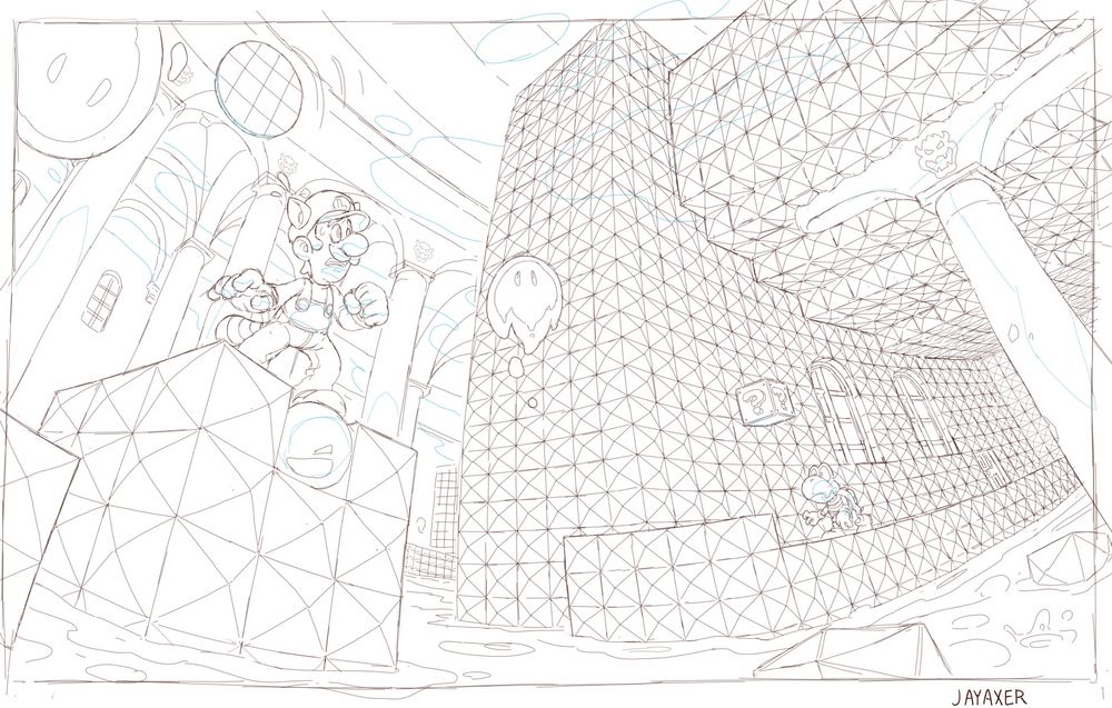 Lineart of luigi with raccoon ears and a tail stands on blocks in the first fortress of world 1 in super mario brothers 3. He is surrounded by lava and looking ahead at a dry bones past a podoboo. The perspective is a fisheye.