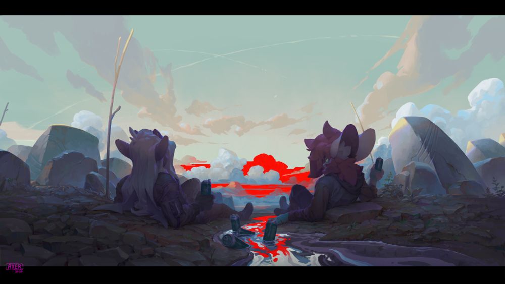 kami and axer sit amongst the rocks next to a stream in morning light. Sodas are chillin in the water as they watch the bright red clouds behind the not bright red clouds in the distant horizon.
