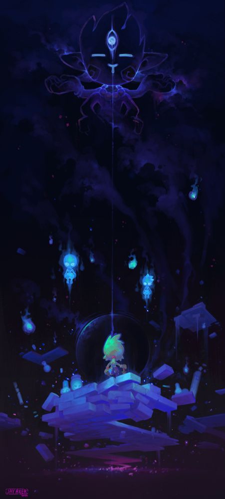 a small figure stands on floating blue bricks in space looking at spirits of their ancestors floating in ghostly blue. A deity is depicted amongst the stars