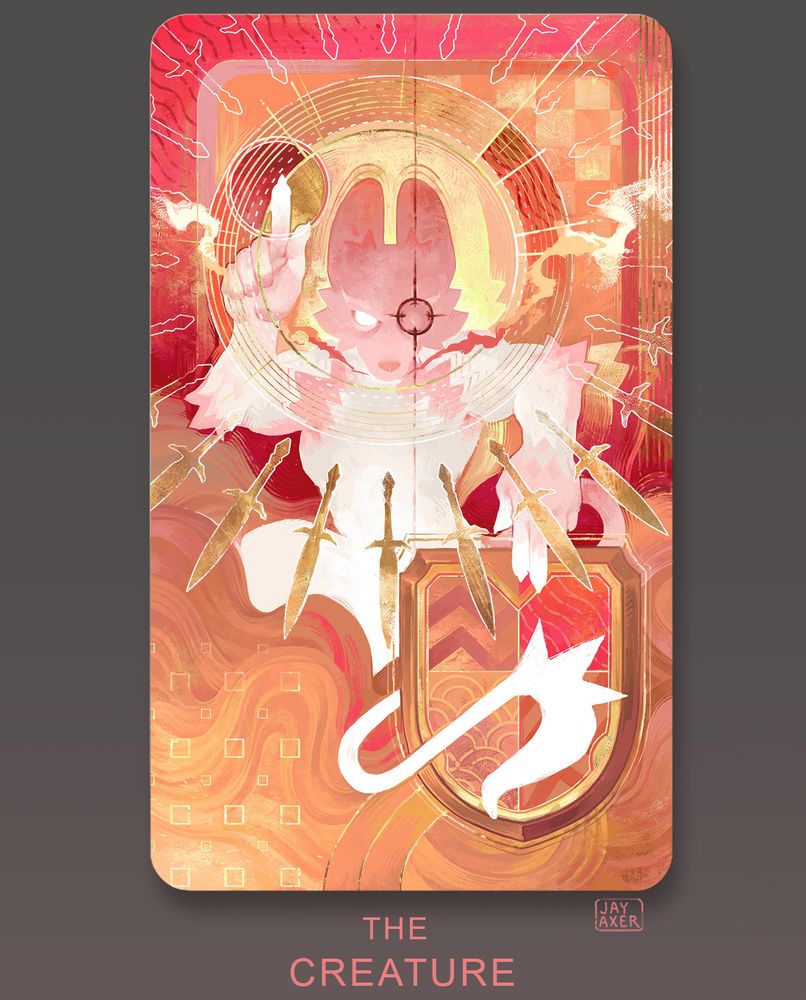 a card with an aesthetic like a tarot features warm flowing colours. It depicts a semi-abstract wolf-like creature made of pink and white pointing with its right hand with a single finger upwards and pointing downward with its left using 2 fingers. it is encircles by lines and drawings of daggers while it's thin white tail curls in front of a shield.
   Below the card test reads "the creature".