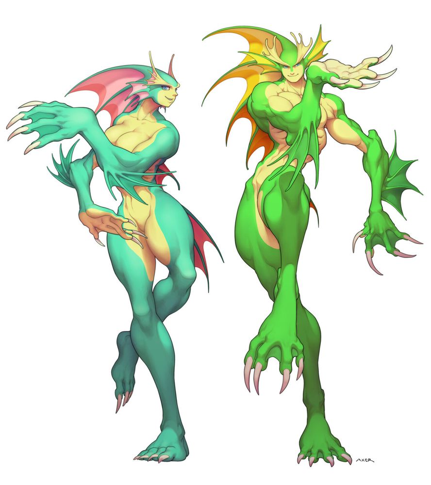 aquaria and rikuo from darkstalkers stand in odd poses with their arms moving infront of them and one leg up, side by side, with a white background