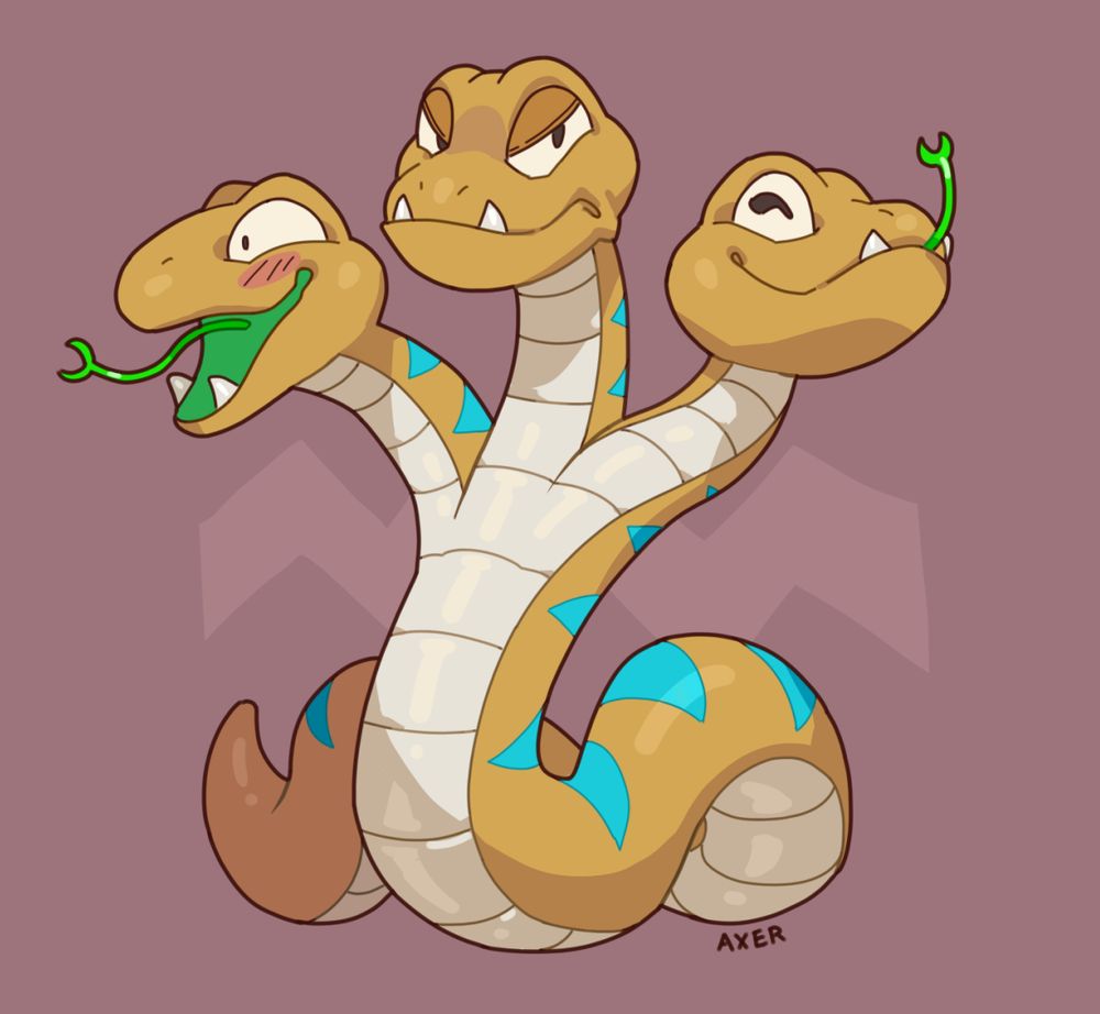 an alternately colored triclyde from super mario two gives three different expressions, one on each of its heads; the first is lustful, the second angry, and the third loving.