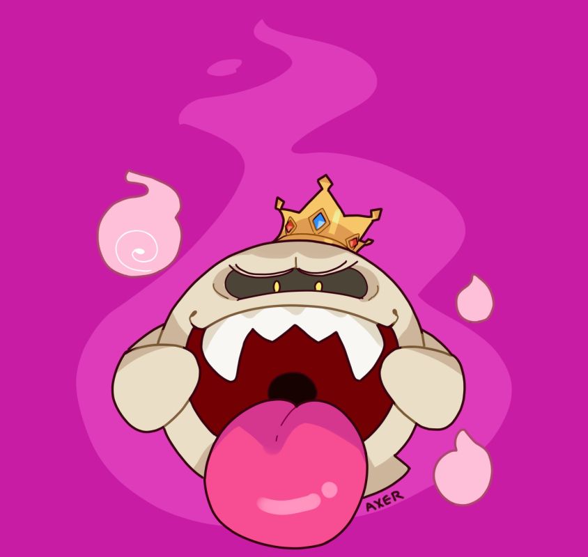 a king boo sticks out its tongue while facing the viewer. it is surrounded by spirit flames.