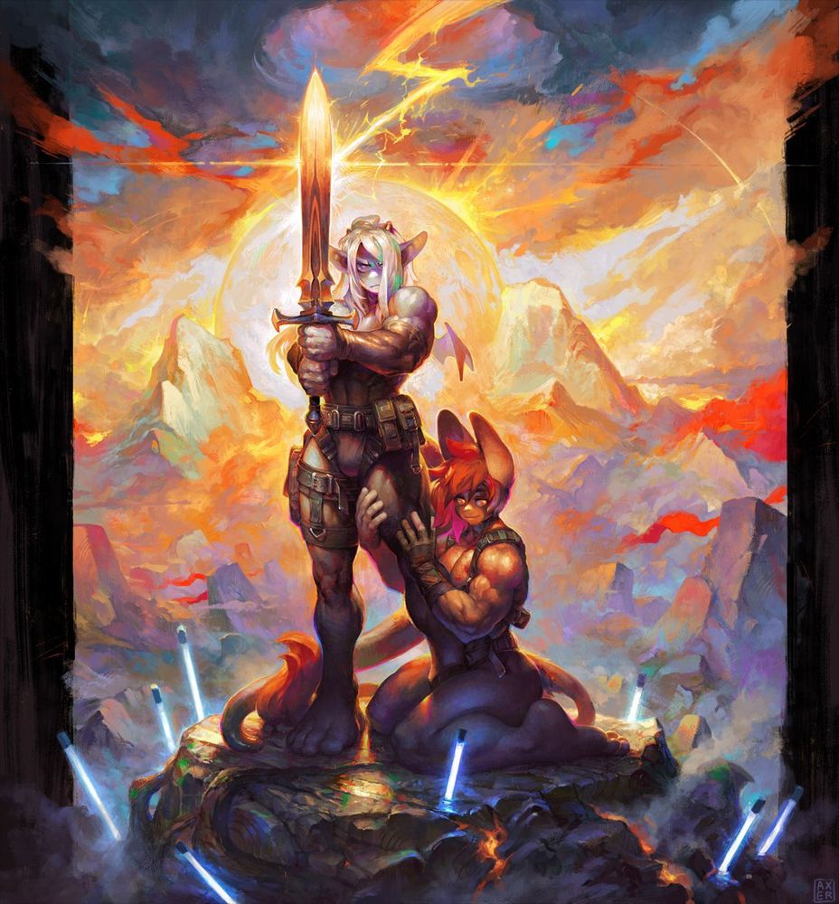 a muscular axer stands holding a heated sword that lightning is striking. A muscular kami kneels and holds onto his leg. They are on a rocky platform surrounded by mist and fluorescent lights. Colourful mountains and clouds fill the expanse behind them. 