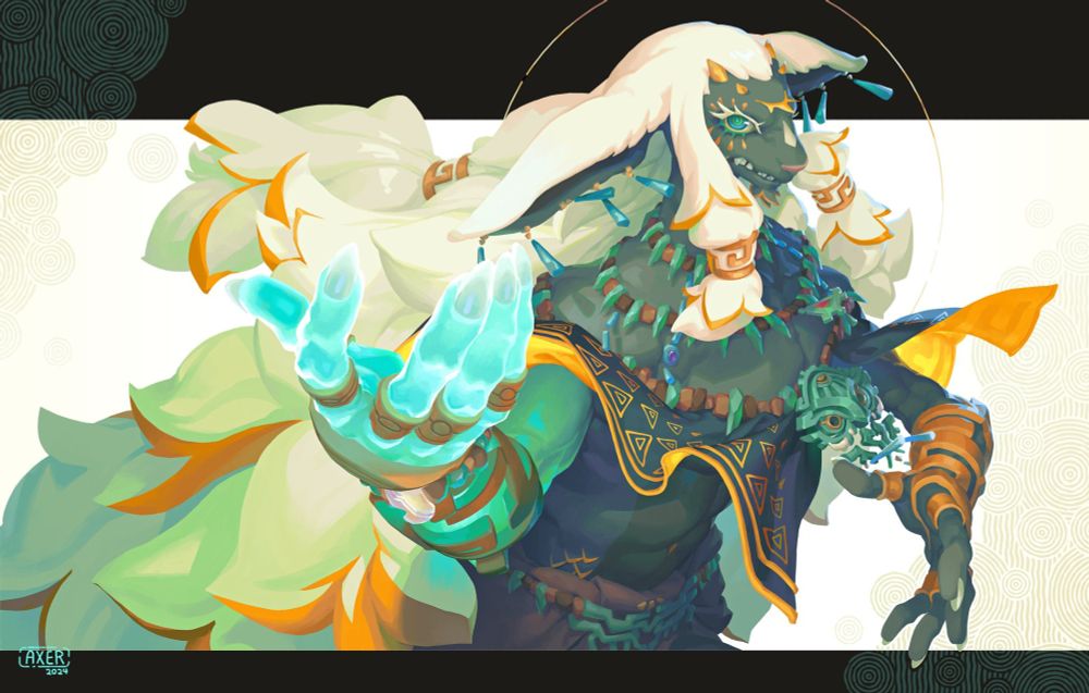 waist up shot of rauru from tears of the kingdom reaching out with his glowing hand with hair flowing behind him.