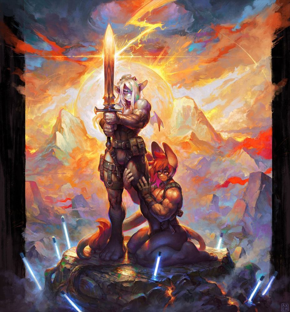 a muscular axer stands holding a heated sword that lightning is striking. A muscular kami kneels and holds onto his leg. They are on a rocky platform surrounded by mist and fluorescent lights. Colourful mountains and clouds fill the expanse behind them. 