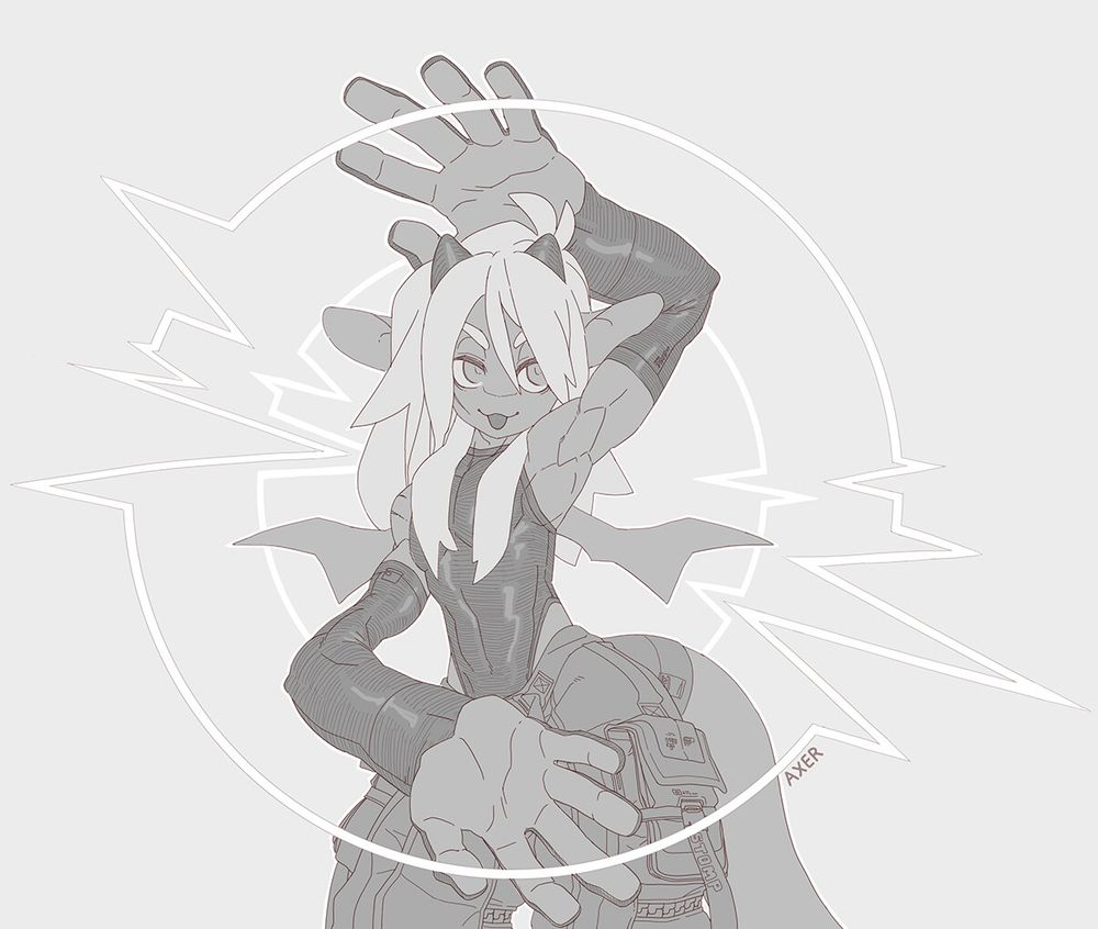 axer stands in a tight rubber top and arm gloves motioning around himself with large hands as a stylized circle of sound is emitted