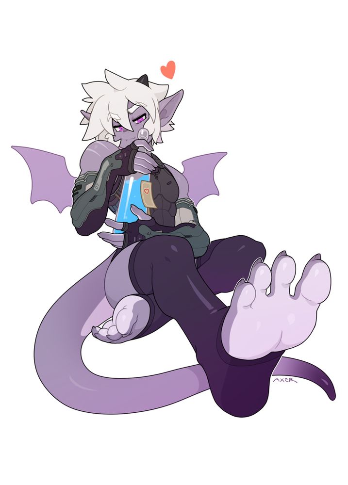 #furryart axer the dragon floats in white space in a sitting position holding a large blue potion in a glass bottle. he peers coyly over the bottle embraces in hands with his wings peeking out from behind him. he wears toeless rubber leggings, sitting with his left leg crossed under his right leg which is extended towards the viewer showing off his foot. His tail snakes under and behind him. there is a small red heart above his head.