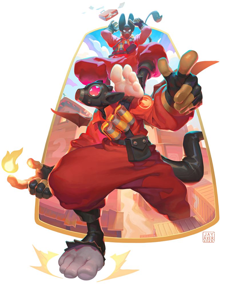 axer is a huge pyro slapping his foot that ripped out of his boot onto the ground as he steps over a cargo container. a flame hovers over his right finger. Kami as a huge pyro is in the air above him, resting her foot ripped out of her boot onto axer's shoulder as the into suitcase flies into the air. 