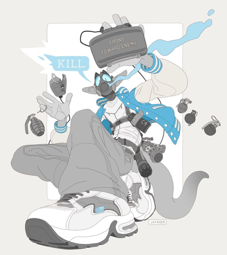 axer kneels in baggy pants, sneakers, a white shirt with an autopsy "Y" on it and a blue and cream letterman jacket. He wears a gas mask with blue vapor emitting from it. His left hand holds a claymore mine with the trigger mechanism hovering over his right hand. there is an unpinned grenade dropping from his right hand as other grenades fly from his jacket. He has a tactical harness which holds 2 blocks of C4. His belt is lined with flash nades as his tail snakes behind him. Most of the image is greyscale with pops of blue.
  There is a blue word bubble which says "kill."