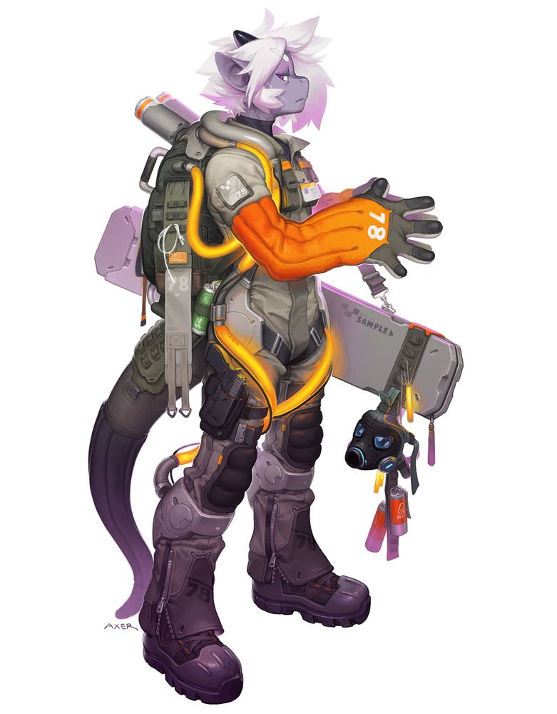 Axer stands in a protective work suit with glowing tubes snaking around part of it. He carries a large sample case by way of shoulder strap with a gas mask, nades and glow sticks hanging from it. His head is uncovered as he looks at the viewer with an exhausted expression.