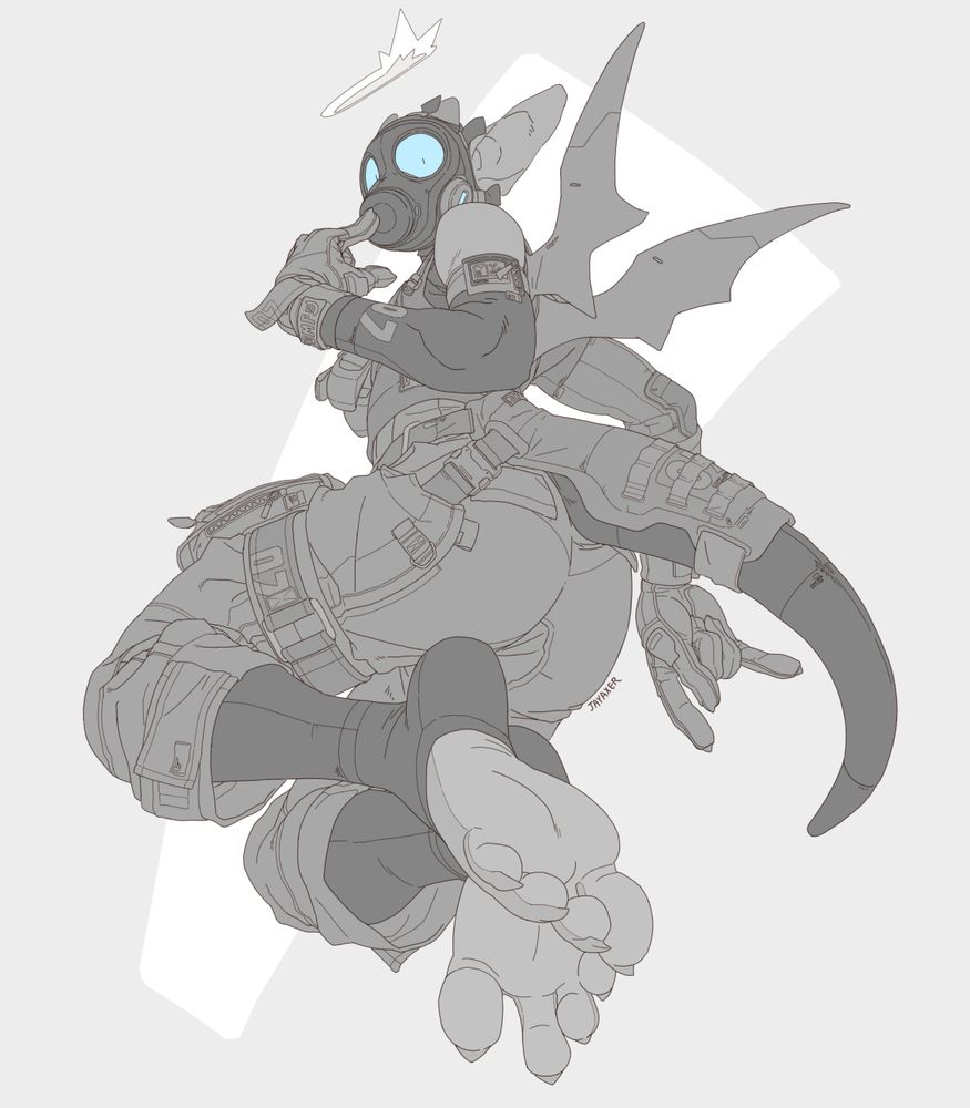 Axer in dressed in tactical gear with a rubber undersuit. His feet extend from toeless rubber socks and he bashfully points to the respirator of his gas mask that he wears. His lenses glow blue while the rest of the image is in varied tones of black and white, a shock halo gloating above his head. His tail curves behind him and his covered wings extend outstretched from his back.