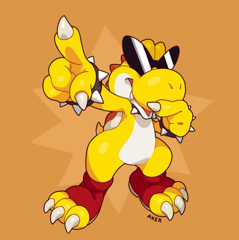 a golden boshi points at the viewer with his right hand, covering the bottom of his snout with his left.