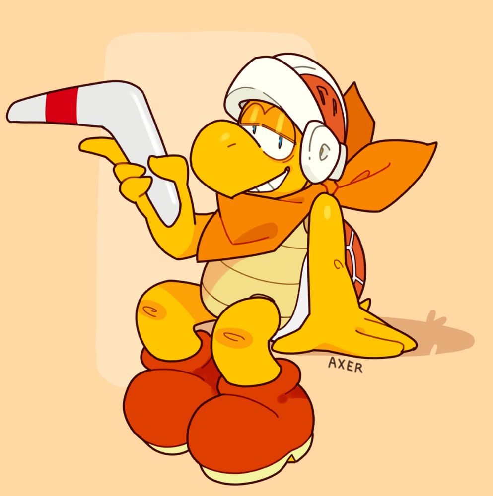 a warm colored boomerang brother sits and gives a tired and sassy look whilst holding a boomerang in his right hand.