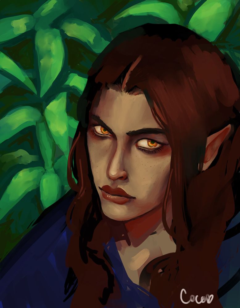 A fae creature with mahogany hair and orange eyes. He has pointed ears and a light dust of freckles on his face. This portrait is unfinished, so his his blue robes are vague shapes of color.  