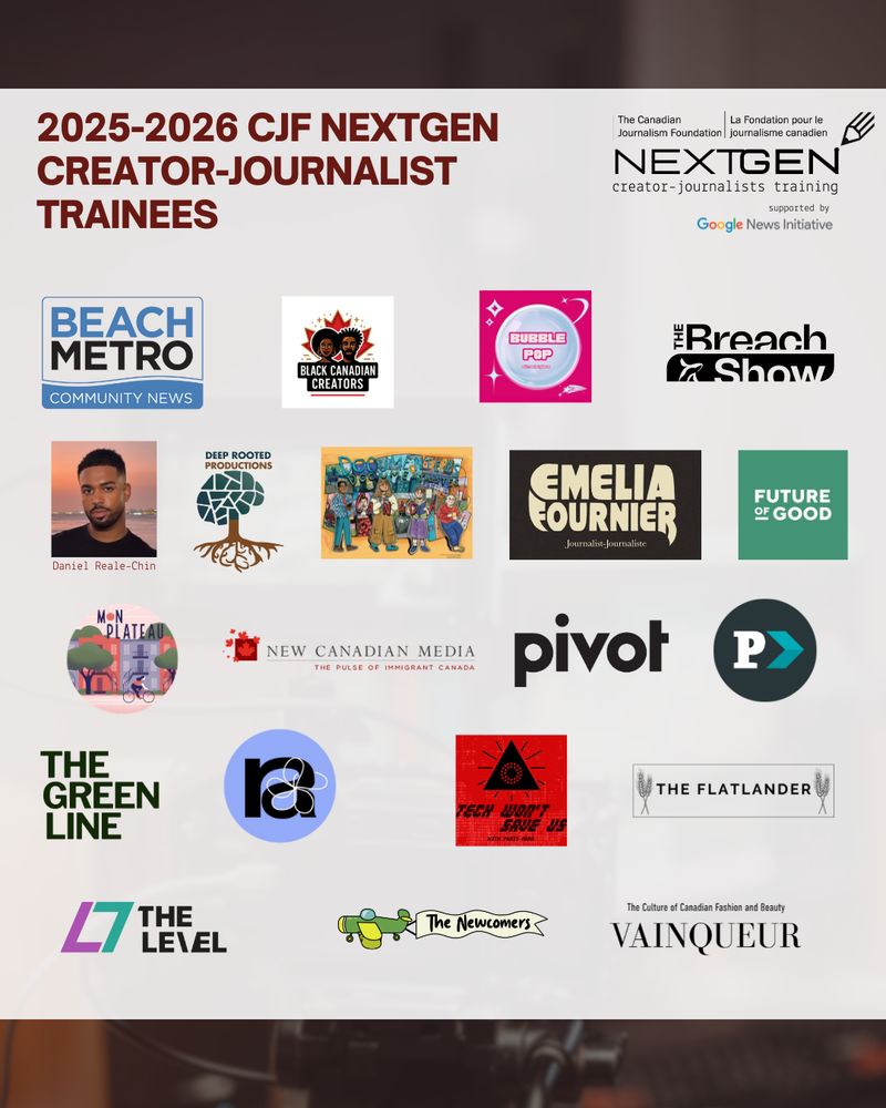 A graphic with the logos of sof the 2025-2026 CJF NextGen Creator-Journalist Trainees