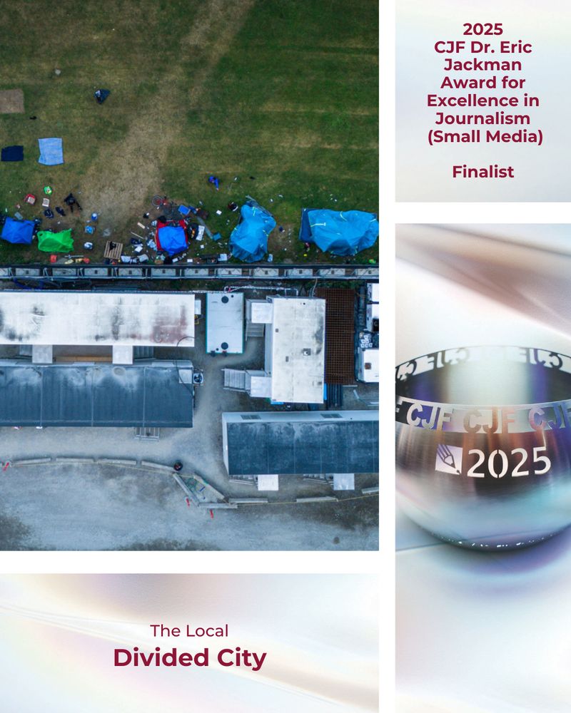 A collage of an overhead shot of tents and buildings, an image of the CJF Awards prize bowl, and red text on a multi-coloured background