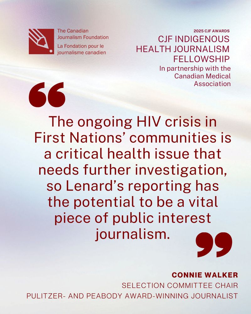 A graphic with a multi-coloured background and a quote from selection committee chair and Pulitzer- and Peabody Award-Winning Journalist Connie Walker