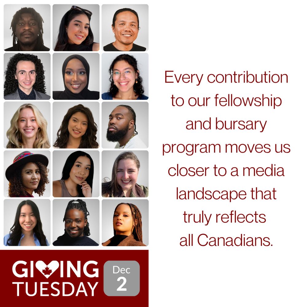 A collage of the 2025 Canadian Journalism Foundation Awards Fellowship and Bursary recipients and the logo of Giving Tuesday.