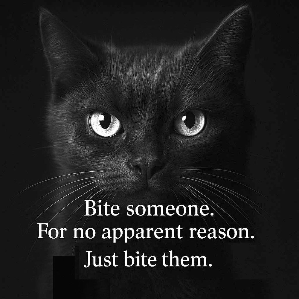 A black and white image of a black cat staring ahead, with the words, 