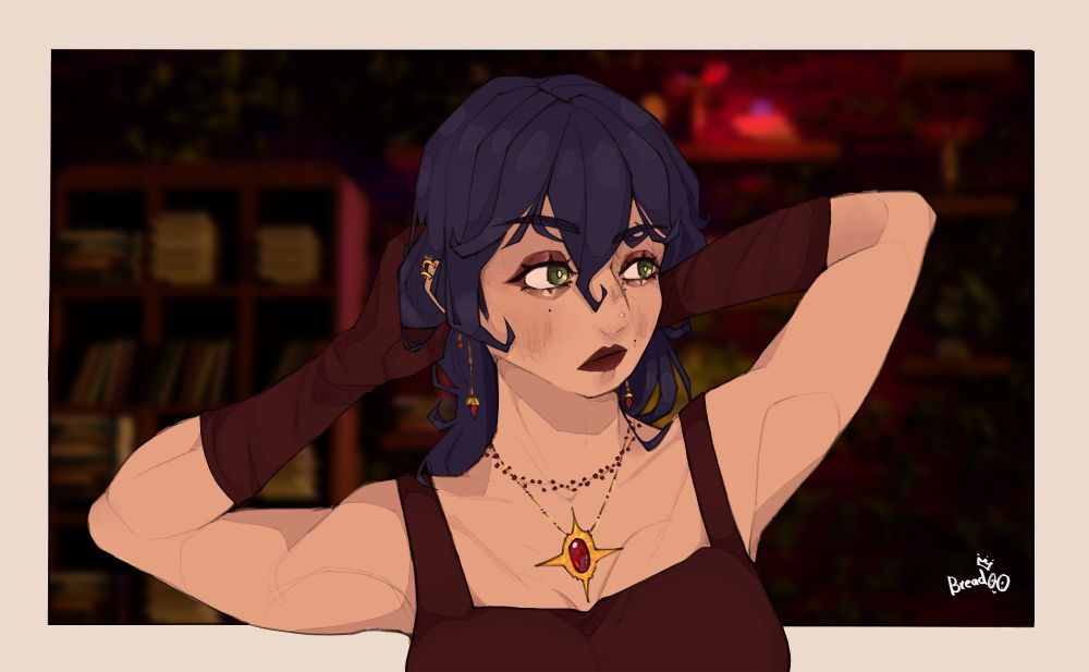 Rhea has bluish dark purple hair, green eyes, and red stone accessories on. she's wearing a dress and trying to tie her hair half up. 