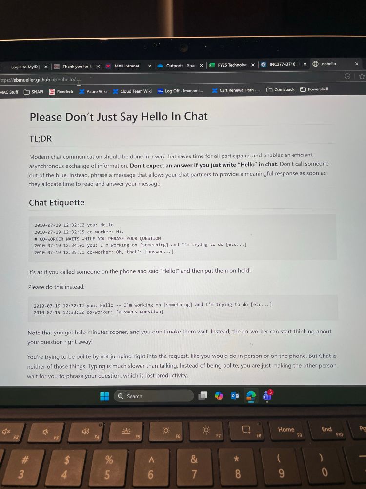 A web page imploring others to not say “hello” in chat.