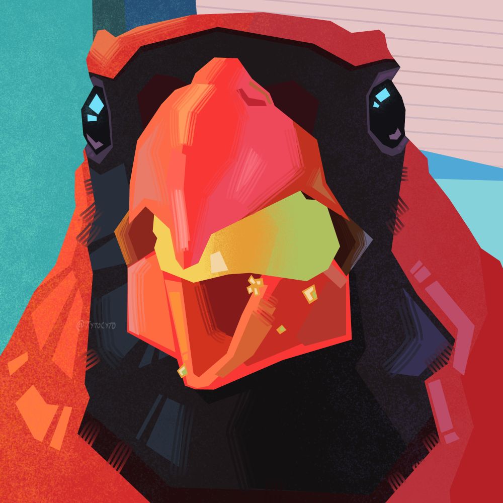A artistic rendering of a close up of a northern cardinal with a piece of food in its mouth