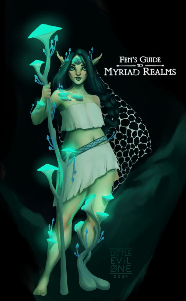 Washed out green humanoid preistess with a veil and staff of glowing mushrooms. Mushrooms grow from her body including in place of a missing leg. Text reads "Fen's Guide to Myriad Realms"