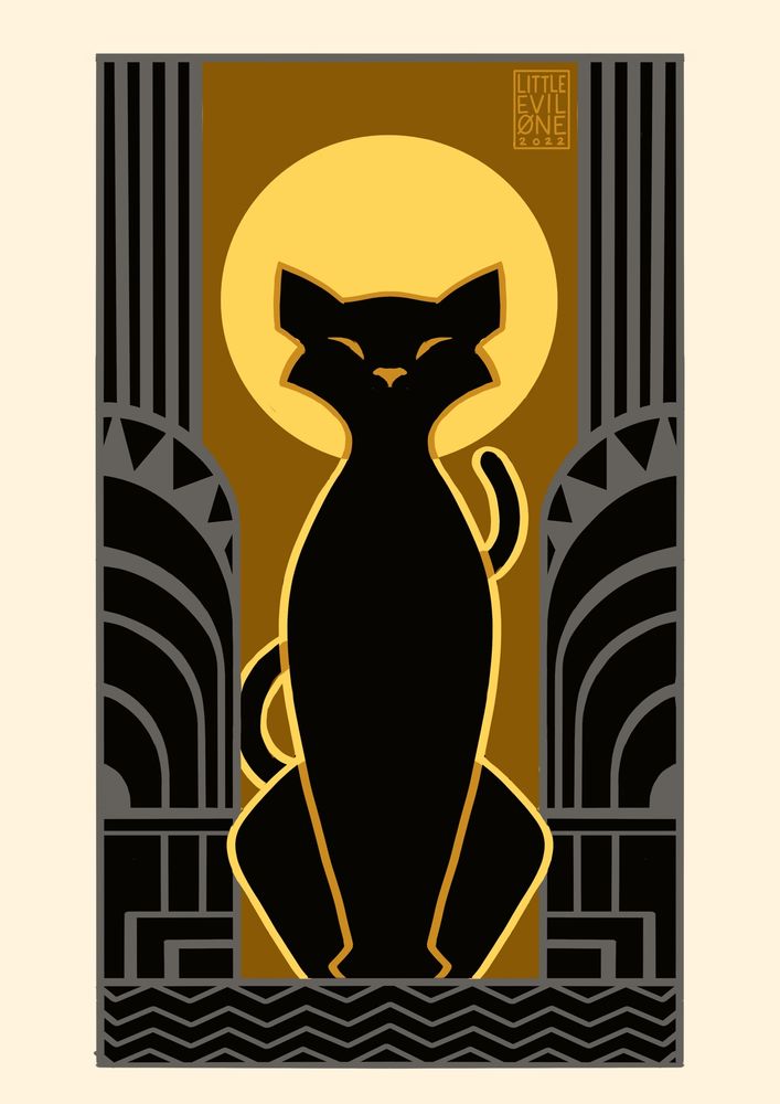 Art deco black cat in front of a yellow moon surrounded by gray designs