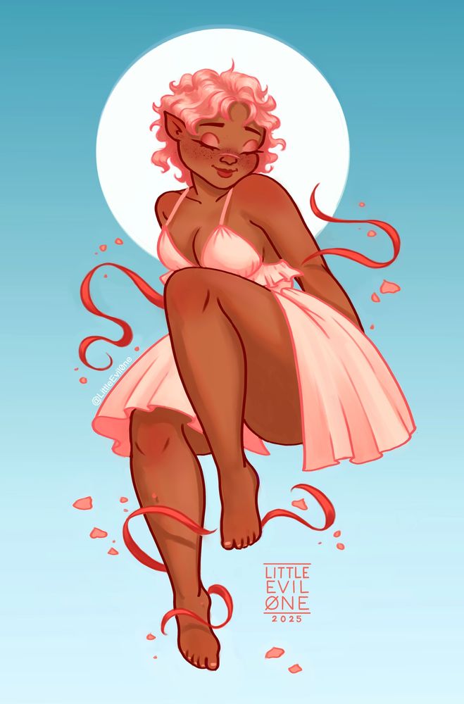 A woman with short pink hair wears a ruffled light pink dress on a blue background. Pink swirls and petals float around her